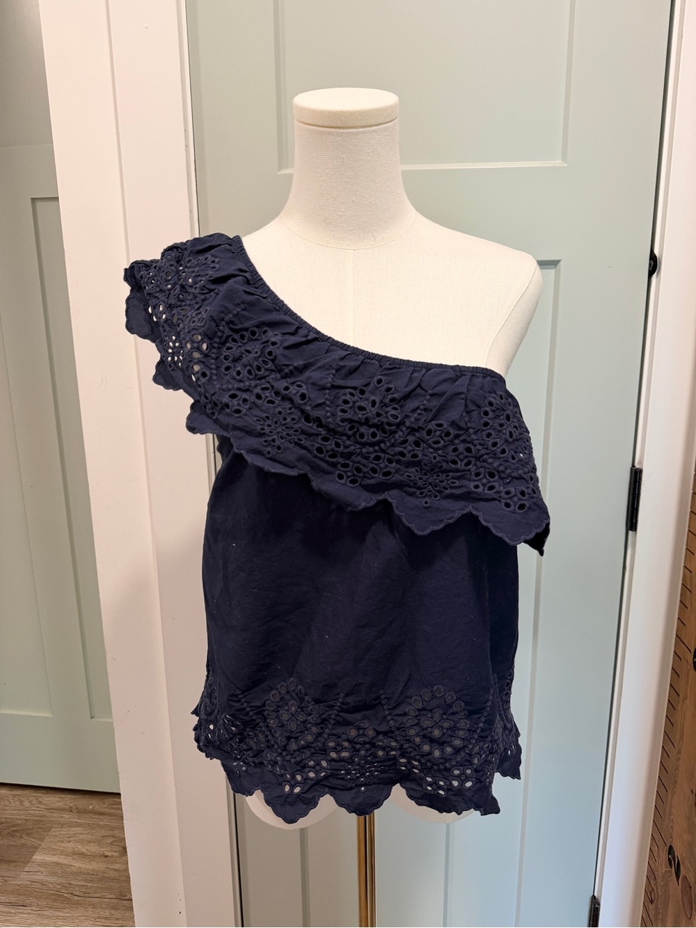 Abercrombie & Fitch Navy Eyelet One Shoulder Top Navy Medium Preppy Nautical